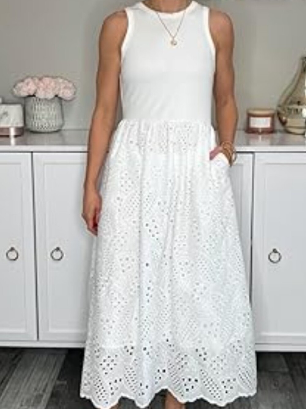 Grace Karin White Eyelet Tank Dress with Pockets Size M